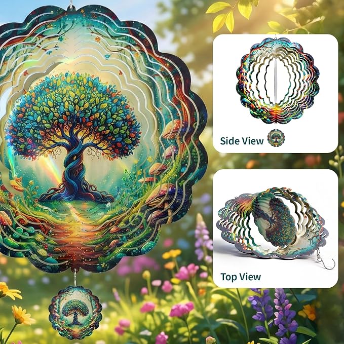 Tree of Life Wind Spinners Outdoor, 12 Inch Laser Cut Stainless Steel Wind Spinner, 3D Kinetic Metal Hanging Sculpture, Yard Art, Garden Decoration, Tree of Life Gifts for Women, Men, Holidays