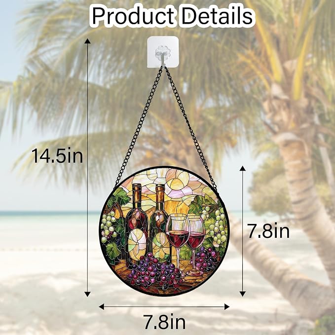 DASTOLL Stained Glass Window Hanging, Grapes and Wine Suncatcher Diamond Glass Panel Hangings Sun Catchers Decor for Birthday for Women, Men, Wife, Aunt, and Mom 6.3 in