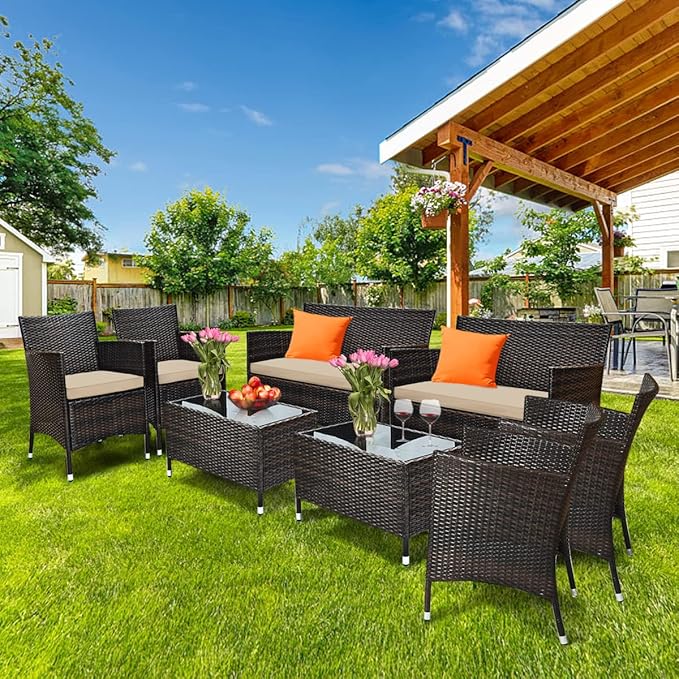 8 Pieces Patio Sofa Set, Wicker Conversation Set with Ergonomic Curved Backrest, Water-Resistant Cushion & Tempered Glass Table for Balcony, Porch (Brown)