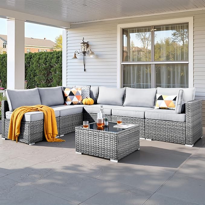 7 PCS Outdoor Patio Furniture Sets,Wicker Weather Resistant Patio Conversation Set with Comfy Cushions,Modular L Shaped Sofa with Coffee Table for Yard Backyard Porch Garden Poolside,Light Grey