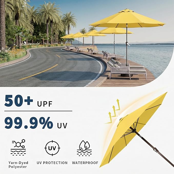 10FT Patio Umbrella Outdoor Market Umbrella with Crank and Tilt, 8 Flexible Fiberglass Ribs, UV-Resistant Waterproof Canopy for Patio, Deck, Garden, Backyard, Sunshine Yellow