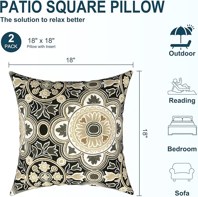 DYTXIII Pack of 2 Waterproof Outdoor Pillow with Inserts, 18x18 Square Patio Decorative Throw Pillow for Home,Sofa,Bench and Patio Furniture,Vintage Medallion