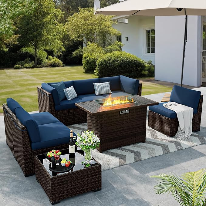 8 Pieces Outdoor Patio Furniture Set with 44" Fire Pit Table Rattan Sectional Conversation Sets w/Gas Fire Pit, Coffee Table, 1 Waterproof Covers, Navy Blue