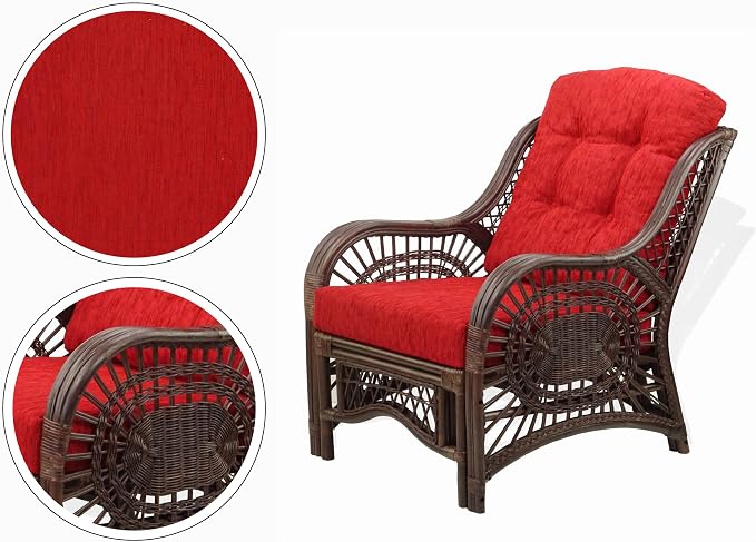 Malibu Lounge Set of 4: 2 Natural Rattan Wicker Chairs, Three-Seater Sofa with Cushions and Coffee Table with Glass Handmade, Dark Brown Color