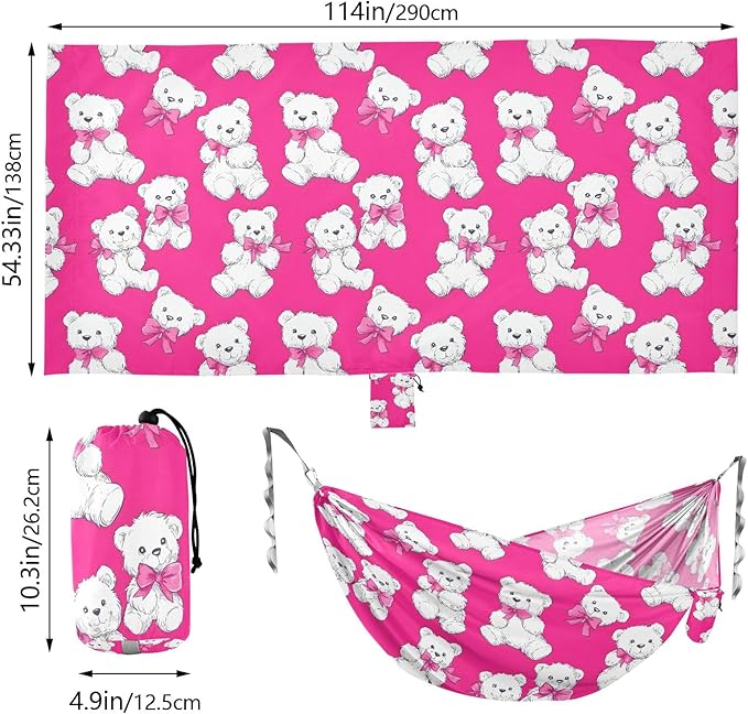 Camping Hammock Outdoor Hammocks for Outside White Bear Bow Hotpink Beach Trees Portable Lightweight with Pockets Tree Straps Indoor Small