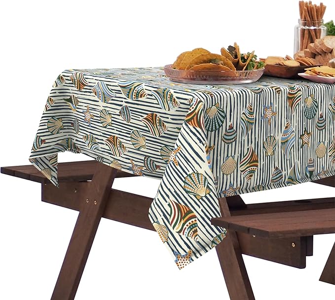 DYTXIII Outdoor Rectangle Tablecloth with Umbrella Hole and Zipper 84" x 60", Water Repellent Floral Picnic Cover, Fade & Wrinkle Resistant Tablecloth for Patio/Garden/Party Table, Crayon Shells