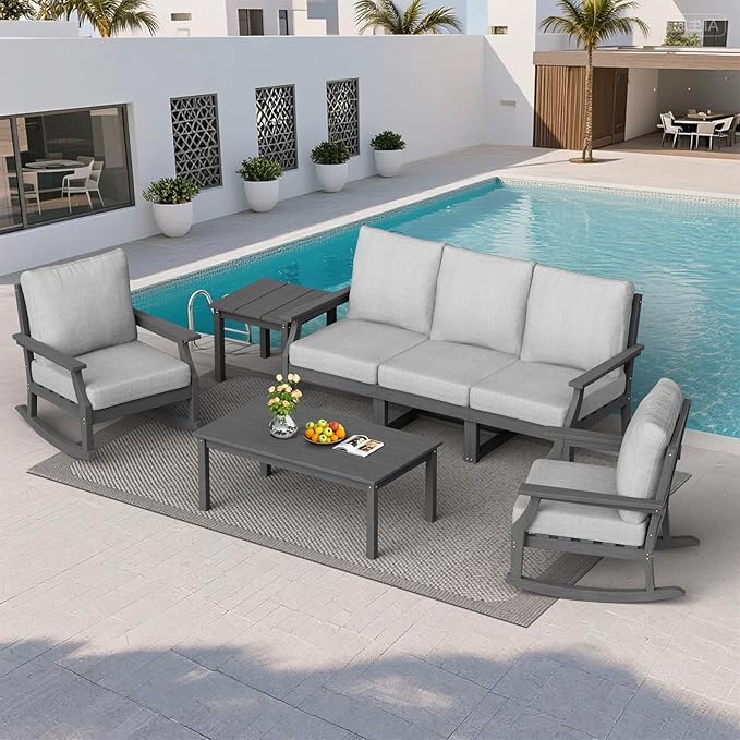 HDPE Patio Conversation Set, 7-Piece All Weather Outdoor Furniture Set with 2 Single Rocking Armchairs for Deck, Lawn, with Cushion, Gray