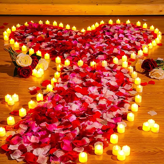 Coume 6000 Pcs Artificial Rose Petals with 72 Pcs Flameless LED Candles Romantic Decorations Fake Candles Anniversary Decorations for Valentine's Day Wedding Night(Warm White with Red Series Petal)