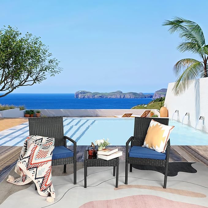3 Piece Outdoor Patio Furniture Sets, Rattan Conversation Set with Soft Cushion, Wicker Chairs with Coffee Table for Yard Backyard Lawn Porch Poolside Balcony, Blue