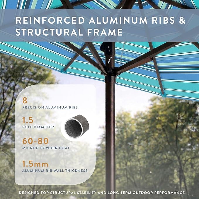 California Umbrella 12-Year Protection 9-Ft Outdoor Patio Umbrella, Sunbrella Fade-Resistant Fabric, Auto-Tilt, Heavy Duty Aluminum Frame, 8 Reinforced Ribs for Pool or Deck, Bronze Pole, Dolce Oasis