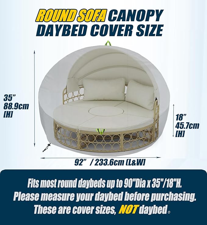 Outdoor Daybed Cover Waterproof, 600D Round Patio Sofa Cover, Heavy Duty Outdoor Canopy Daybed Sofa Cover - Ø92"X35''/18H