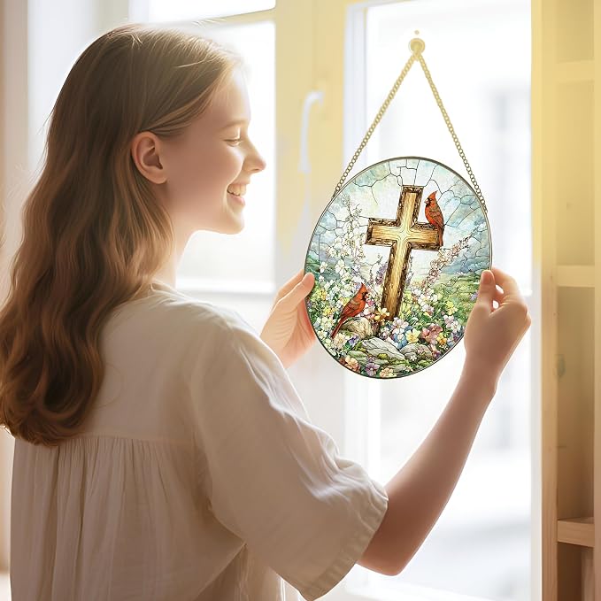 Stained Glass Window Hanging, 8" Cardinal Suncatcher, Christian Cross Window Hanging Decor, Religious Home Decor, Religious Gift, Christian Gift, Memorial Gifts, Sympathy Gifts for Loss of Loved One