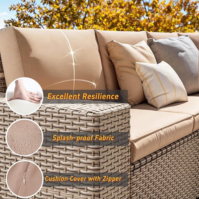 13 Pieces Patio Furniture Set with Fire Pit Table, Outdoor Sectional Wicker Sofa with Thickened Cushions and Coffee Table, High Back Rattan Patio Conversation Sets, Khaki