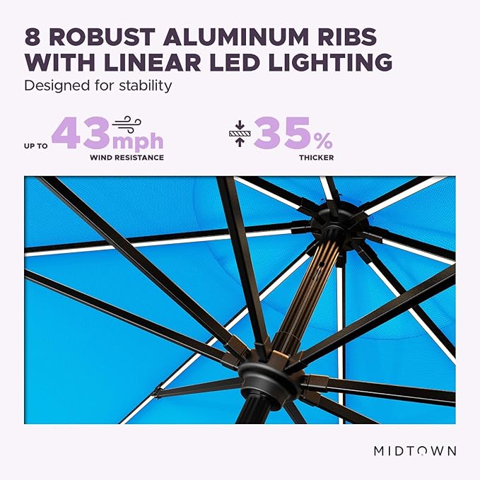 Midtown Umbrellas The LED Swilt 9 Feet Patio Umbrella With Terylast Cobalt (Blue) Polyester Fabric - Auto-Tilt Aluminum Frame With LED Lights For Backyard, Deck, Garden, Pool - Black Pole