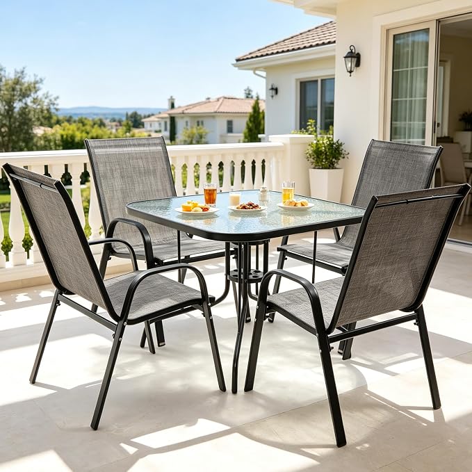 Patio Dining Table for 4 with Umbrella Hole, Outdoor 5 Piece Dining Set 36" x 36", Black, for Garden Backyard Poolside Front Proch Outside