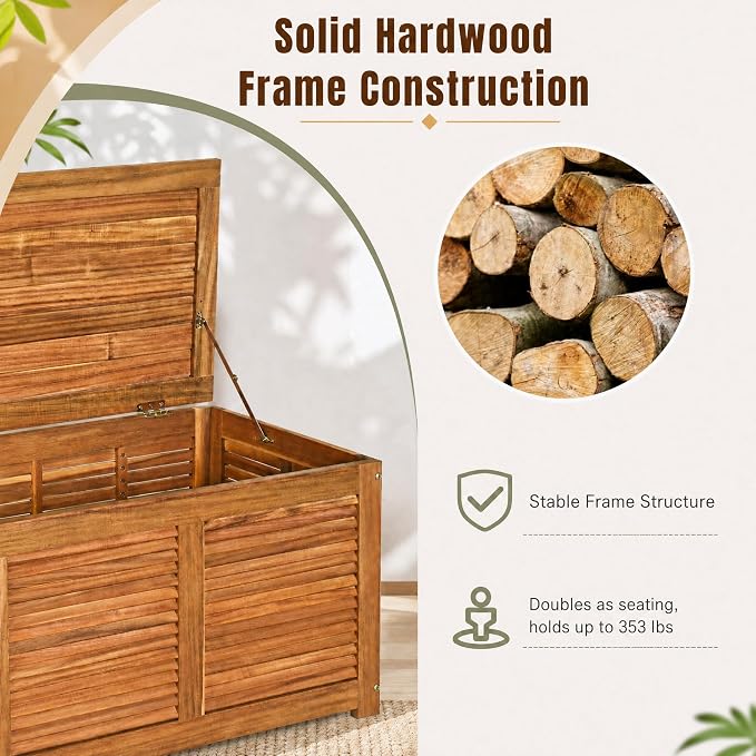 HOMGX Acacia Wood Deck Box with Teak Oil Finish, Sturdy Outdoor Storage Bench for Patio Garden Backyard, Versatile Patio Storage Box with Ventilated Slats & 355 lbs Capacity, 46 Gallon, Natural