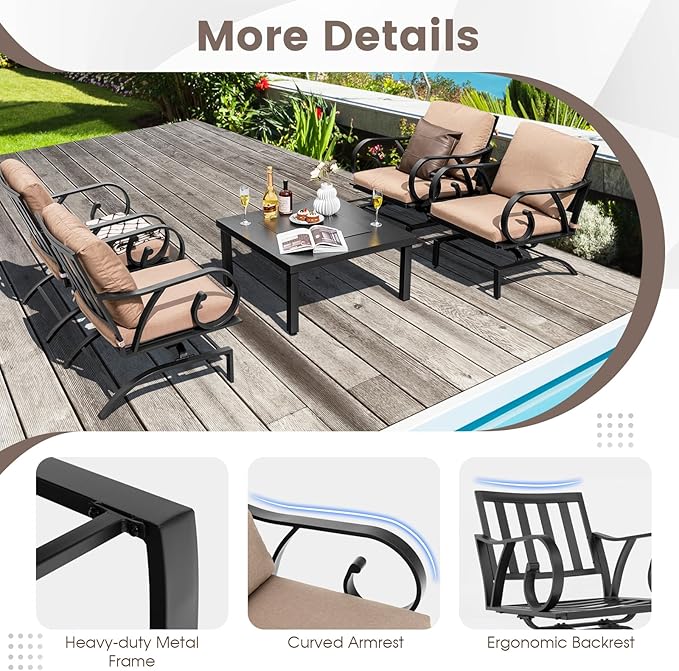 Tangkula 5 Piece Patio Dining Set, Heavy-Duty Rocking Chairs with 4-in-1 Fire Pit Table, Soft Seat & Back Cushions, Gentle Rocking Design, Outdoor Conversation Set for Backyard, Porch (Brown)