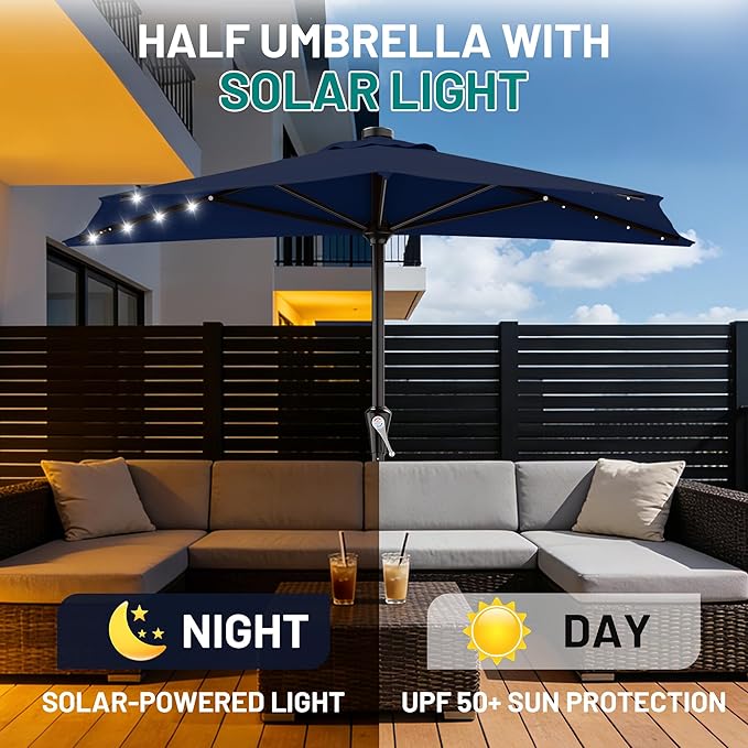 AreShark 9ft Patio Half Umbrellas with Solar Lights, 1/2 LED Half Outdoor Umbrella w/ 20 LED Lights, Lighted Table Wall Umbrella with Crank & 5 Sturdy Ribs for Market, Pool, Deck, Lawn and Garden, Navy