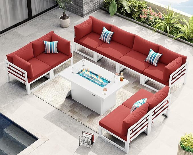 NICESOUL 9 Pcs Extra Large Modern Aluminum Outdoor Sofa with Fire Pit Table, 29" Deep Wide Seat, 500 lbs Durable Sectional Set for Heavy People, Water Resistant Patio Furniture Set for Backyard, Red