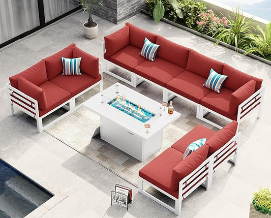 NICESOUL 9 Pcs Extra Large Modern Aluminum Outdoor Sofa with Fire Pit Table, 29" Deep Wide Seat, 500 lbs Durable Sectional Set for Heavy People, Water Resistant Patio Furniture Set for Backyard, Red