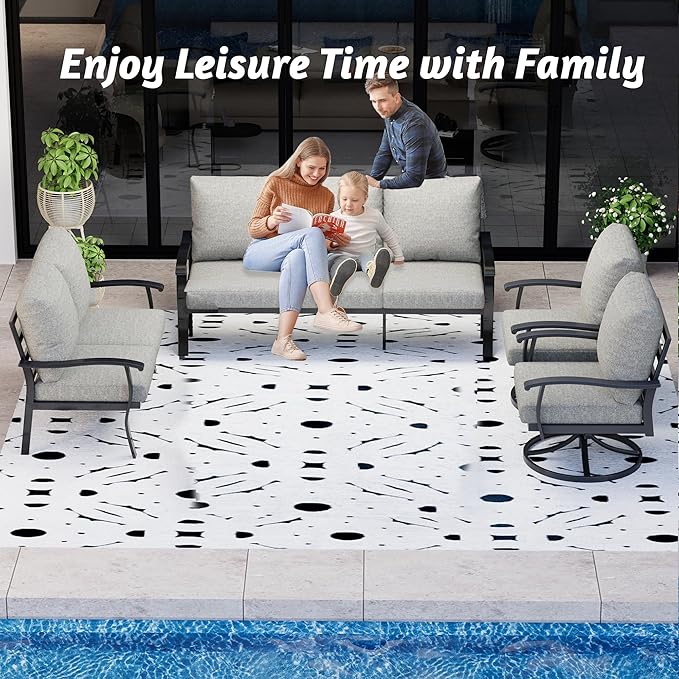 HOMREST Outdoor Furniture Thickened Cushion 360 Degree Swivel Rocking Patio Chairs and 3-Seat Sofa, Loveseat, Coffee Table, 5 PCS Metal Conversation Set for Garden, Deck and Poolside