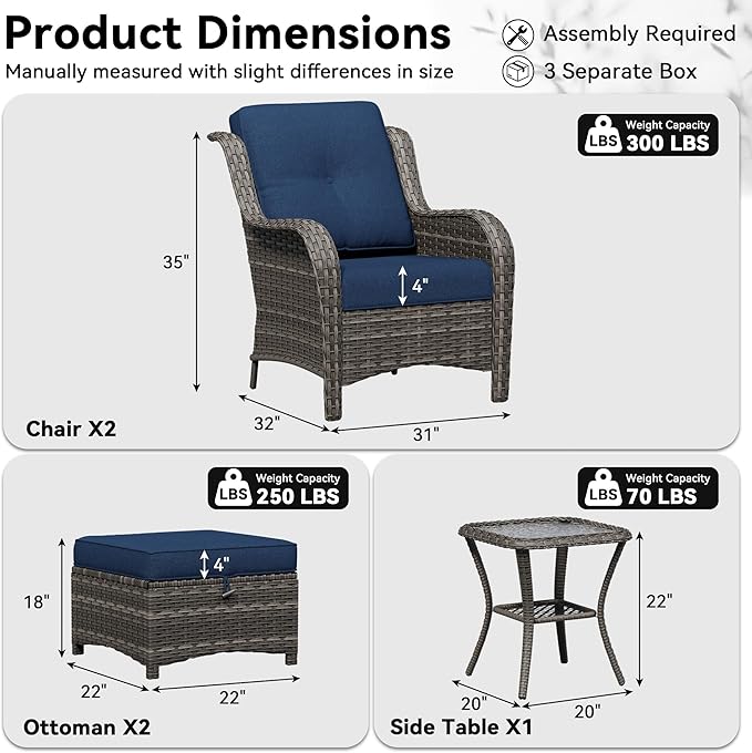 5 Piece Outdoor Wicker Patio Furniture Set, Patio Chairs Set with Thickened Olefin Cushions, High Back and Deep Seating, Hand-Woven PE Rattan, Ottoman for Porch, Deck