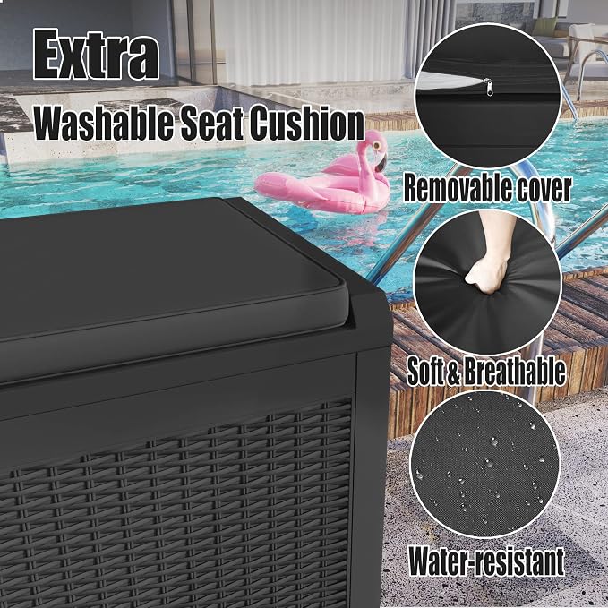 Greesum 100 Gallon Resin Deck Box Large Outdoor Storage for Patio Furniture, Garden Tools, Pool Supplies, Weatherproof and UV Resistant, Lockable, Black