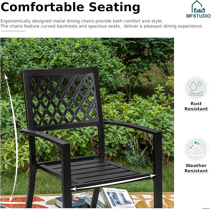 MFSTUDIO Outdoor Dining Set for 6, Patio Table and Chairs Set with Umbrella Hole, Metal Patio Furniture Dining Set for Deck Backyard Poolside Garden