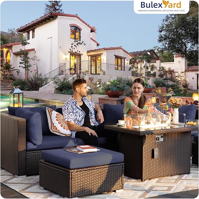 BULEXYARD 9 Piece High Back Outdoor Sectional Couch Set with Fire Pit, Luxury Weather-Resistant Patio Furniture Set, Large Size 8-Person Backyard Seating Group L-Shape for Exterior, Brown & Navy Blue