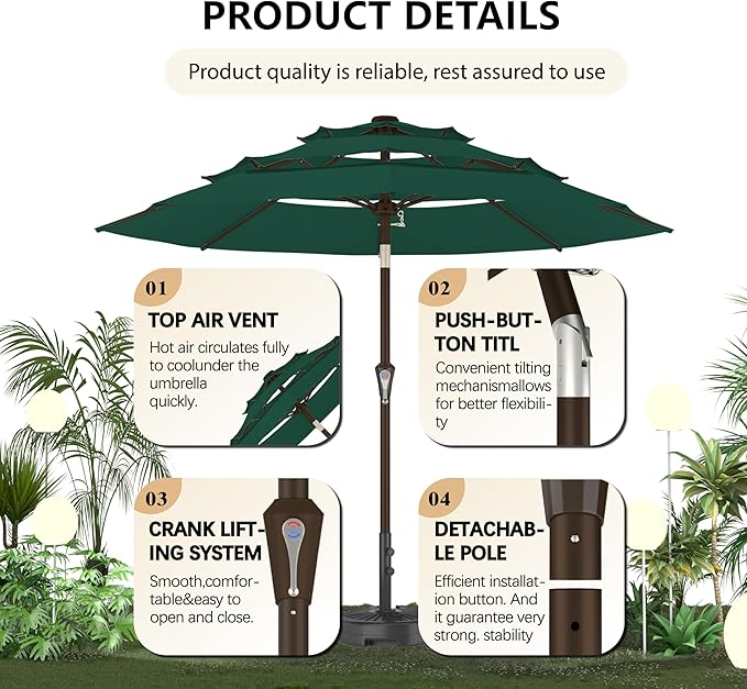 Ayge 9FT 3-Tier Large Outdoor Patio Umbrella Market Table Umbrella-UV Resistant,Easy Push Button Tilt and Crank,8 Sturdy Fiberglass Ribs Heavy-Duty Pool Umbrella for Deck,Backyard,Garden,Yard,Green