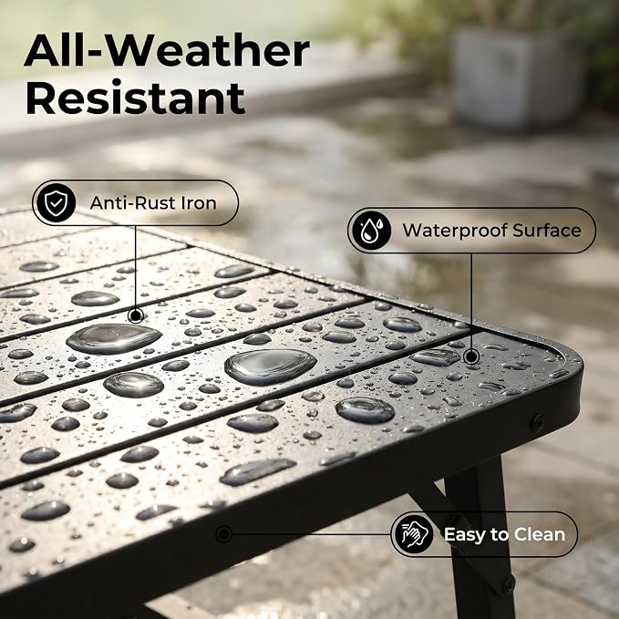 Outdoor Folding Coffee Table, 35.43 × 17.72 × 15.35 Inch Foldable Iron Patio Table, Weather-Resistant, No Assembly Required Black