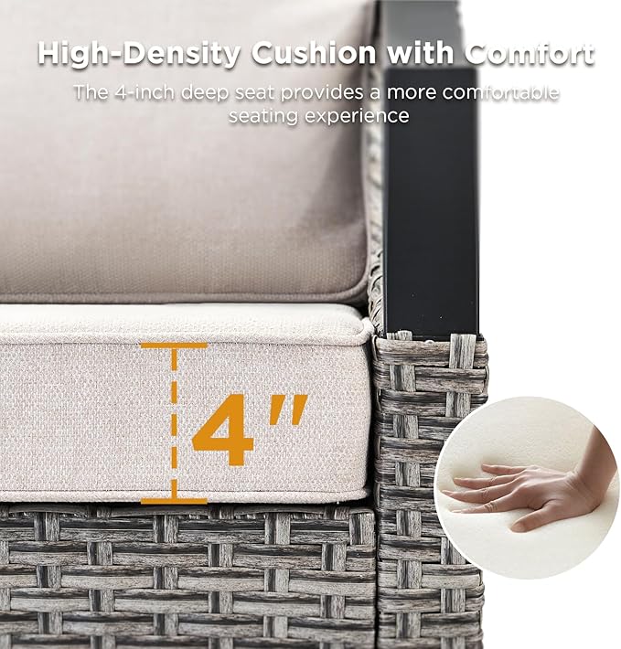 7 Piece Outdoor Patio Furniture Sets-High Back Wicker Swivel Rocker Patio Chairs Set of 4 with Thick Cushions Ottomans, Outdoor Sofa, Patio Conversation Sets for Porch Balcony Patio Deck Grey/Beige