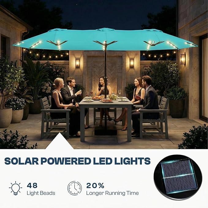 15FT Large Outdoor Patio Umbrella with Solar Lights and Base, Double-Sided Table Umbrellas with 48 LED Lights, Rectangle Market Umbrella for Pool, Deck, Backyard