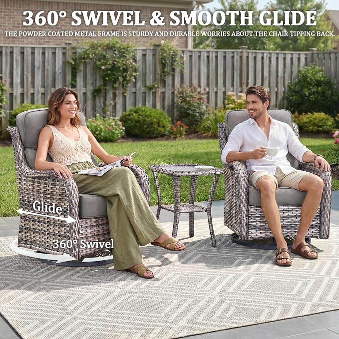 Luxury Swivel Rocker Chairs Fire Pit Set with 6" Thick Cushion 10 piece Wicker Outdoor Patio Chair with Sofa and Ottoman,Comfortable High Back Outdoor Patio Furniture Set - Gery | Gery