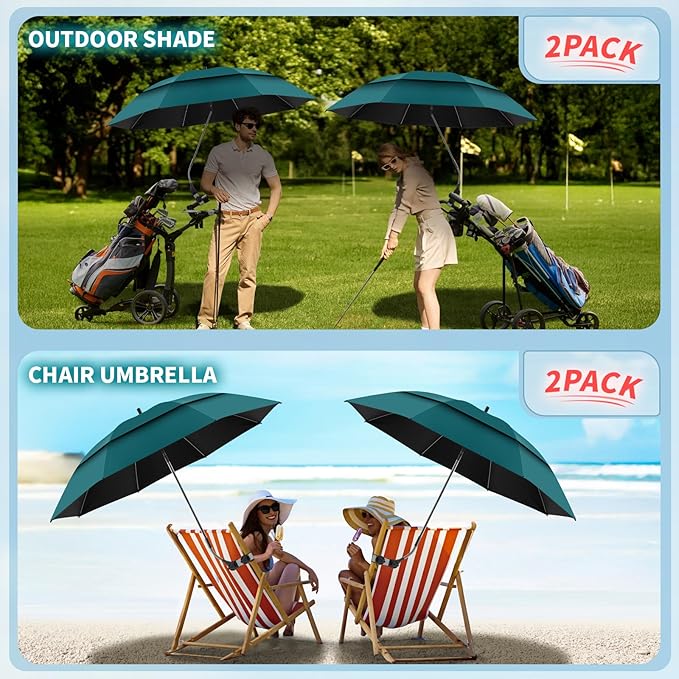 2 Pack 48.6" Double Canopy Beach Umbrella with Clamp, UPF50+ Beach Chair Umbrella with clip, 360°Adjustable Portable Outdoor Wheelchair, Patio, Golf Carts,Camping(Blackish Green, Not Include Chair)