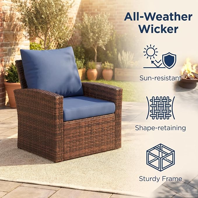 UDPATIO Patio Furniture Set, Outdoor Furniture Sets with Loveseats Sofa, Wicker Rattan Outdoor Conversation Set with Storage CoffeeTable for Backyard, Deck, Porch,Brown/Blue