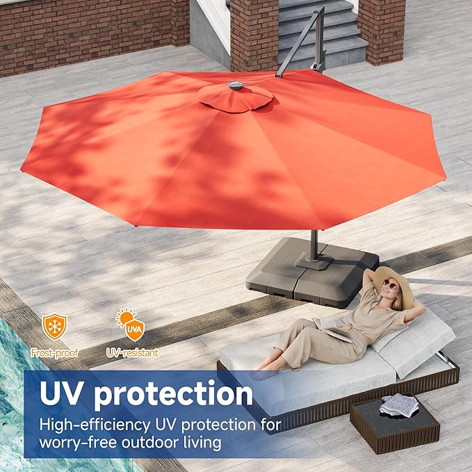 FLAME&SHADE 11ft Cantilever Patio Umbrella with Base, Round Offset Umbrella with Solar Light Strips, Large Heavy Duty Outdoor Aluminum 360° Rotation,for Deck,Pool,Backyard