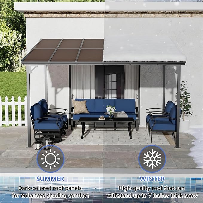 10' x 12' Lean to Gazeb,Hardtop Galvanized Steel Pergola with Sloped Polycarbonate Roof,Wall Mounted Gazebo Patio Canopy with Ground Anchor for Backyard Deck