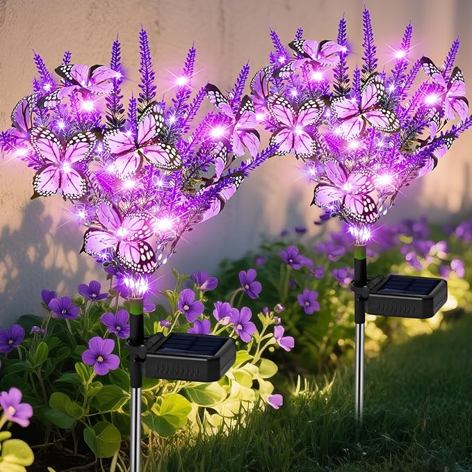 NBQQ Solar Garden Lights Outdoor 2 Pack Lavender Butterfly Lights, Solar Artificial Flower Outdoor Waterproof Decoration Gardening Gifts for Women, Yard Patio Pathway Lawn Courtyard Decoration