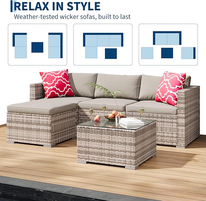 5-Piece Outdoor Sectional Sofa Set, All-Weather PE Rattan Patio Furniture with Ottoman & Tempered Glass Table, Convertible Garden Couch for Backyard, Porch, Poolside (Gray/Light Gray)