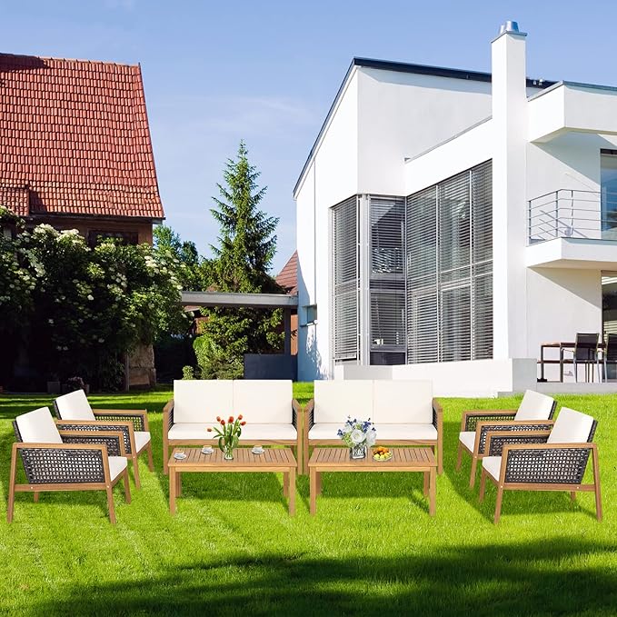 8 Pieces Outdoor Acacia Wood Furniture Set, Outdoor PE Wicker Conversation Set with Coffee Table and Soft Cushions, Outdoor Sofa Set for Garden, Poolside and Backyard (2, Off White)