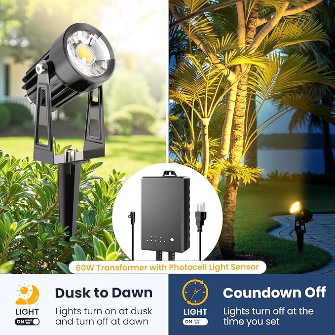 All-in-One Outdoor Low Voltage Landscape Lighting Kit, 8 Pack 3000K Landscape Spot Lights with 60W Transformer 65FT Wire, Waterproof Low Voltage Landscape Lights for Yard, Garden, Tree, Pathway, House
