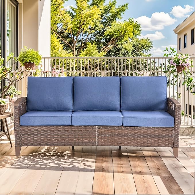 Luxury 5 Piece Heavy Duty Patio Furniture Set with Swivel Chairs - All Weather Wicker Comfort Thick Cushion Outdoor Conversation Set with Sofa & Coffee Table for Porch Poolside Deck - Blue