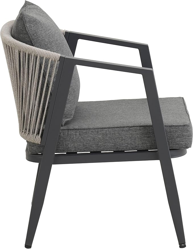 GDFStudio Aoxwe 4 Piece Outdoor Conversation Set, Rope Woven Club Chairs, Woven Open Back Loveseat, Slats Panel Design Coffee Table, Iron Frame Sectional Conversation Set for Poolside, Gray