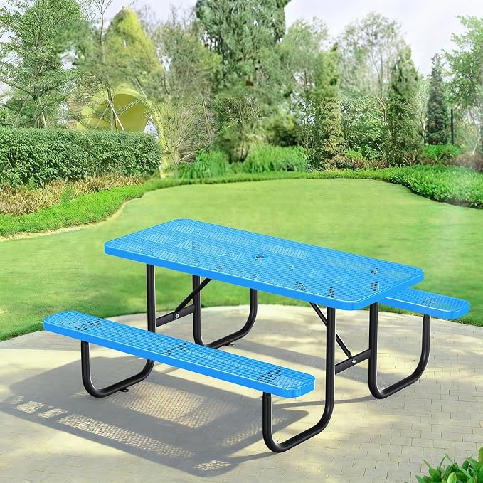 6FT/72IN Heavy Duty Outdoor Picnic Table and 2 Benches for 4-8 People, Weather Resistant Rectangular Steel Picnic Table Set with Umbrella Hole for Yard Patio Lawn Party Blue