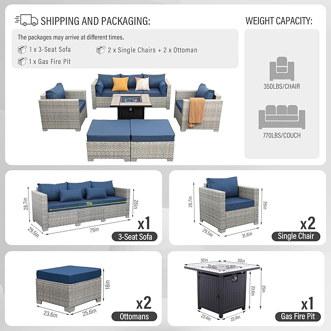 WAROOM Patio Furniture Set 6 Piece PE Rattan Outdoor Conversation Sets Grey Wicker Couch Sectional Sofa with 30" Fire Pit Table and Navy Blue Cushion