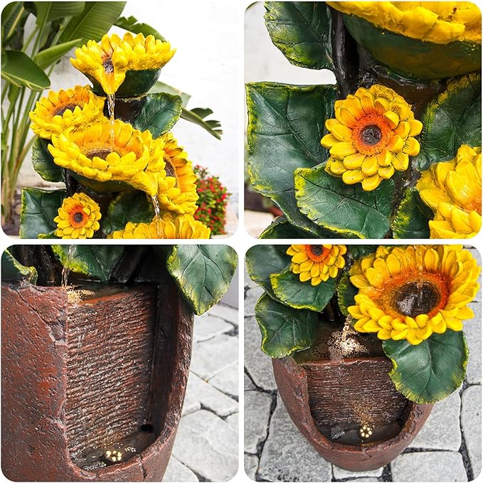 YZM Cascading Sunflower Water Fountain 39.7 Inch Tall 4-Tier Outdoor Fountain for Garden Patio Backyard Freestanding Decorative Waterfall with Lights