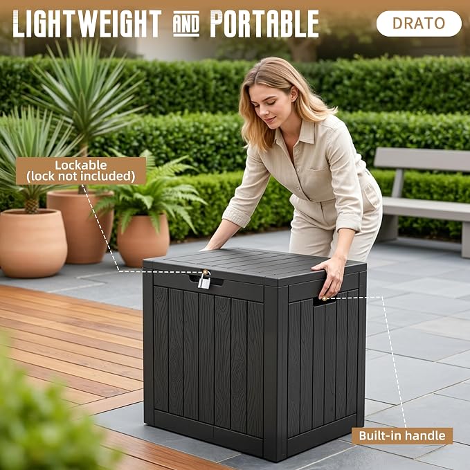 DRATO 35 Gallon Outdoor Storage Box Waterproof, Resin Small Deck Box for Patio Furniture Bench, Pool Garden Tools, Weatherproof Outside Storage Bin for Backyard Porch (Black, 35 Gallon)