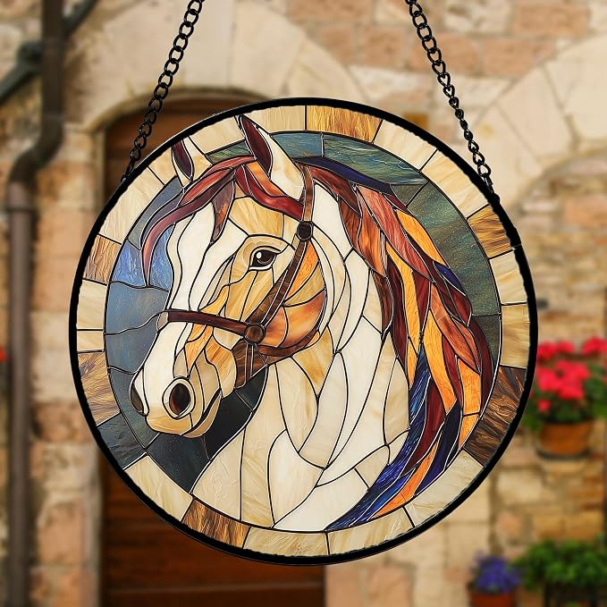 DASTOLL Stained Glass Window Hanging, Animal Horse Colored Mane Sun Catchers Glass Panel Cool Suncatcher Decor for Birthday for Women, Men, Wife, Aunt, and Mom 7.8 in