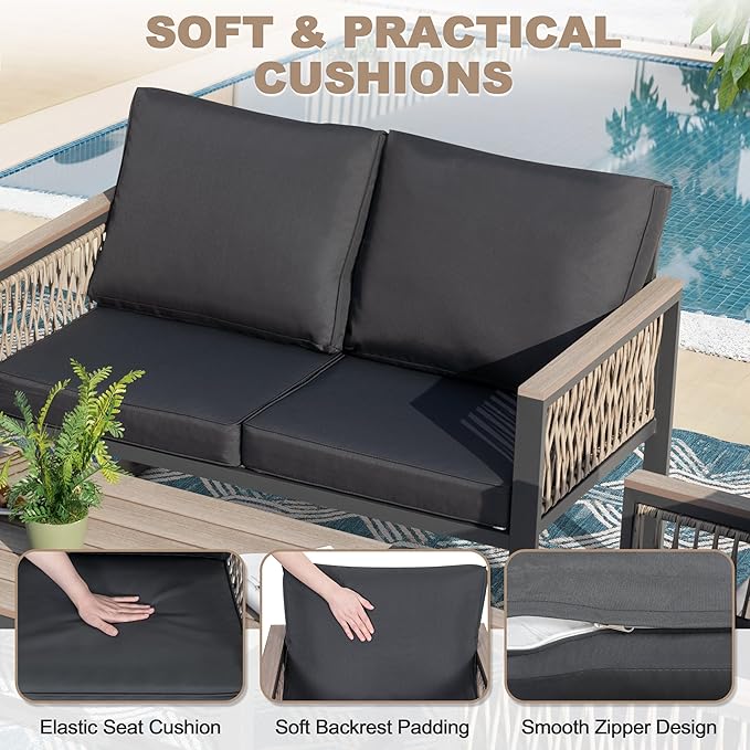 NUU GARDEN 4 Pieces Outdoor Patio Furniture Set, 4 Seats Outdoor Sectional with Coffee Table, Wicker Patio Conversation Sets with Armrests and Cushions Patio Set for Backyard, Garden and Poolside
